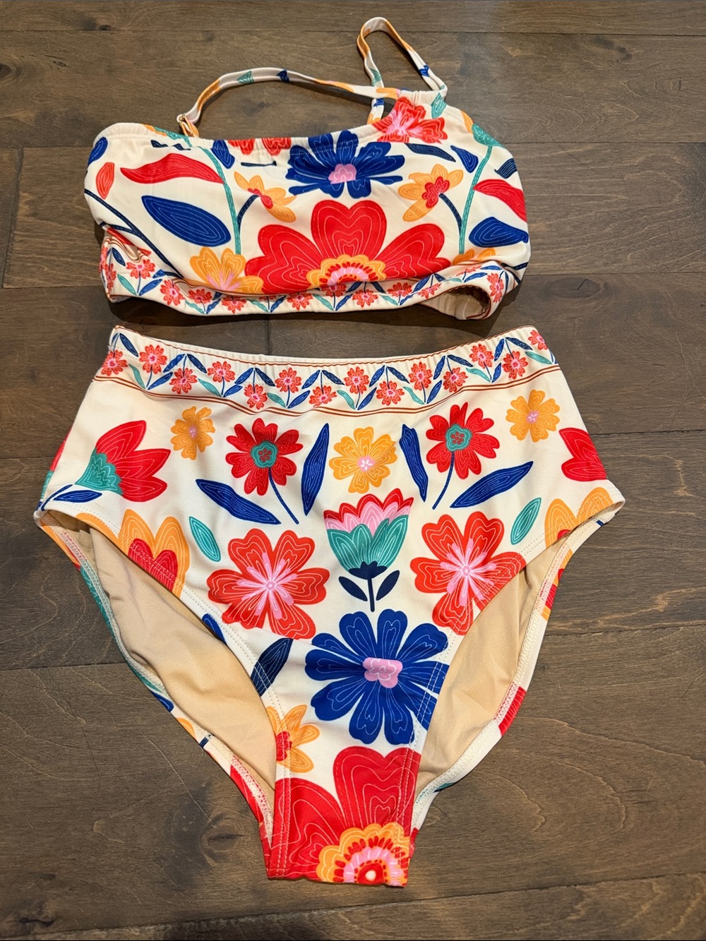 Floral High-Waist Bikini Set - Multicolor Cream Base